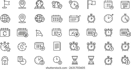 Time, date and location icon set in line style, Containing hourglass, pin, stopwatch, calendar, clock, gps point, flag point, globe point and more, vector