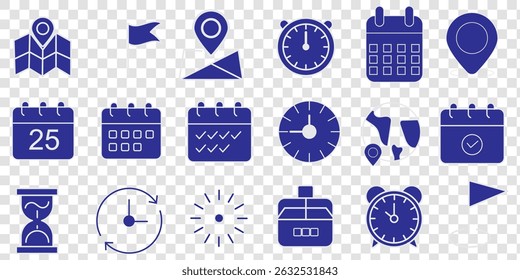 Time, date and location icon set in line style, Containing hourglass, pin, stopwatch, calendar, clock, gps point, flag point, globe point and more, vector illustration