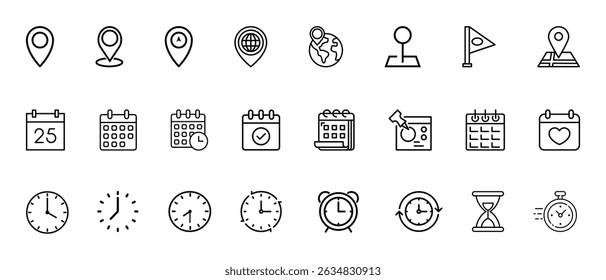 Time, date and location icon set. Containing hourglass, pin, stopwatch, reminder, calendar, clock, gps point, flag point, globe point and more. Vector illustration.