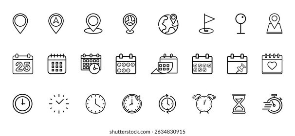 Time, date and location icon set. Containing hourglass, pin, stopwatch, reminder, calendar, clock, gps point, flag point, globe point and more. Vector illustration.