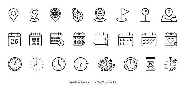 Time, date and location icon set. Containing hourglass, pin, stopwatch, reminder, calendar, clock, gps point, flag point, globe point and more. Vector illustration.