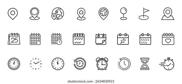 Time, date and location icon set. Containing hourglass, pin, stopwatch, reminder, calendar, clock, gps point, flag point, globe point and more. Vector illustration.