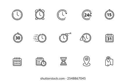 Coleção de ícones de hora, data e local com estilo de estrutura de tópicos em um plano de fundo branco