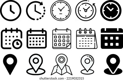 Time, date, and location icons in different shapes
