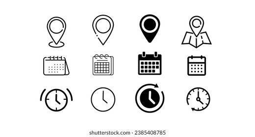 Time, date, and location icons in different shapes