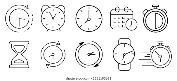 Ícones de hora, data e local com traçado editável isolado no plano de fundo branco. Ícones de hora, data e local, design de vetor. Ícones de hora, data e localização projetados para logotipo, aplicativo, site.