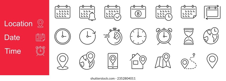 Los iconos de hora, fecha y ubicación se establecen. Ilustración vectorial.