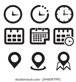 Time, date, and location icons Vector set