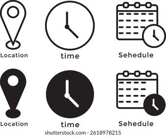 Time, date, and location icons Vector set. Location place, date reminder. Vector Background
