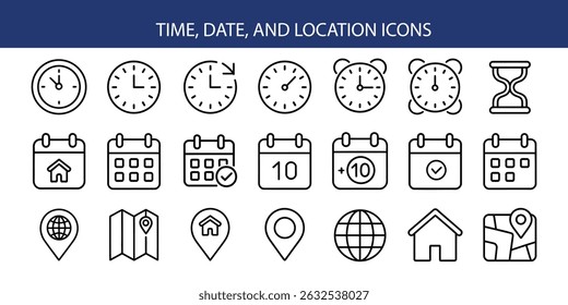 Ícones de hora, data e localização - Conjunto de vetores.