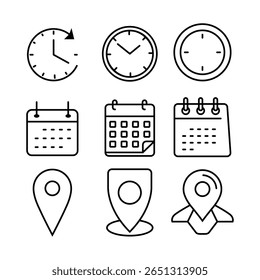 Ícones de hora, data e localização - Conjunto de vetores
