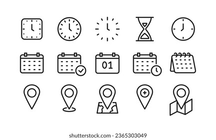 Icono de línea de ubicación, fecha y hora con trazo editable. Ilustración vectorial.