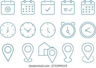 Conjunto de iconos de línea de hora, fecha y ubicación, Vector de calendario para App y Sitio web, concepto de Dirección, concepto de iconos de contorno de trazo editable, concepto de icono de cronómetro, colección gráfica,
