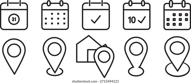 Conjunto de iconos de línea de hora, fecha y ubicación, Vector de calendario para App y Sitio web, concepto de Dirección, concepto de iconos de contorno de trazo editable, concepto de icono de cronómetro, colección gráfica,

