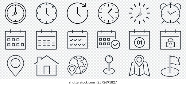 Time, date and location line icons set.. Address line icons and navigation outline icons set. isolated on transporent background.	