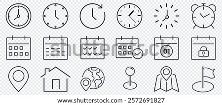 Time, date and location line icons set.. Address line icons and navigation outline icons set. isolated on transporent background.	