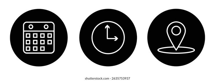 Símbolo de iconos de hora, fecha, ubicación o lugar. Icono de hora, fecha y Dirección.