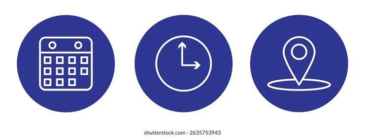Time, date, location or place icons symbol. Time, date and address icon.