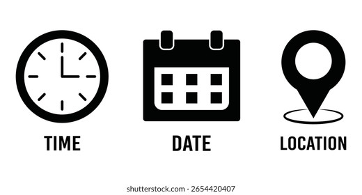 Symbol für Zeit, Datum, Ort oder Ort. Zeit, Datum und Adresssymbol.