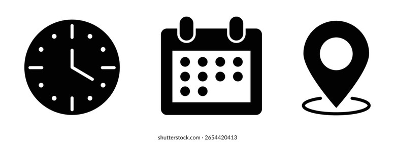 Símbolo de iconos de hora, fecha, ubicación o lugar. Icono de hora, fecha y Dirección.