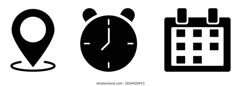 Symbol für Zeit, Datum, Ort oder Ort. Zeit, Datum und Adresssymbol.