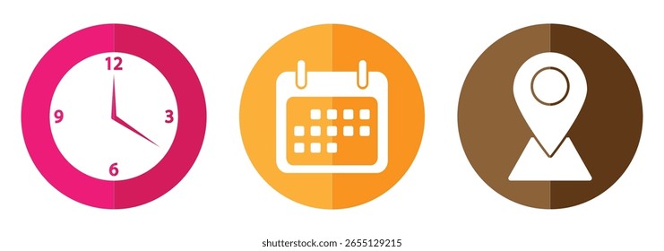 Símbolo de ícones de hora, data, local ou local. Ícone de hora, data e endereço.  Relógio, localização do mapa de pin e sinais de calendário definidos. Ícones de agenda comercial calendário do relógio. eps 10