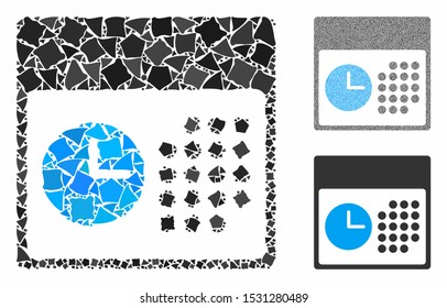 Time and date mosaic of unequal pieces in different sizes and shades, based on time and date icon. Vector rugged pieces are organized into collage. Time and date icons collage with dotted pattern.