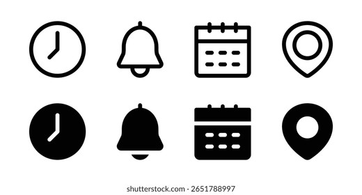 hora, data, campainha de notificação e conjunto de ícones de vetor de local. estilo de glifo e contorno. estilo de ícone sólido e de linha.