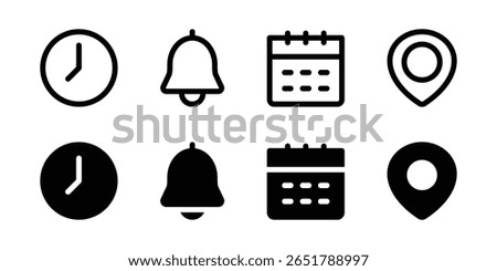 time, date, notification bell, and location vector icons set. glyph and outline style. solid and line icon style.