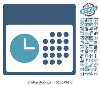 Time and Date pictograph with bonus calendar and time management symbols. Vector illustration style is flat iconic bicolor symbols, cyan and blue colors, white background.