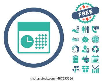 Time and Date pictograph with free bonus icon set. Vector illustration style is flat iconic bicolor symbols, cobalt and cyan colors, white background.