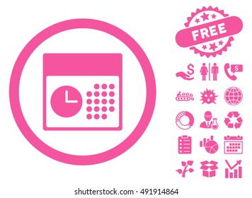 Time and Date pictograph with free bonus elements. Vector illustration style is flat iconic symbols, pink color, white background.