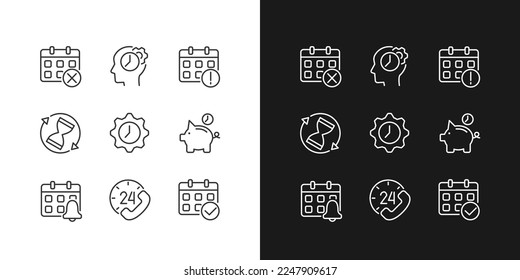 Time and date pixel perfect linear icons set for dark, light mode. Calendar management. Save money. Sandglass. Thin line symbols for night, day theme. Isolated illustrations. Editable stroke