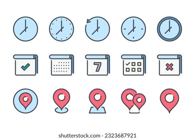 Juego de iconos de línea de color de hora, fecha y lugar. Iconos lineales de reloj, calendario y ubicación. Colección de signos de vector de contorno colorido de Watch, Planner y Marker.