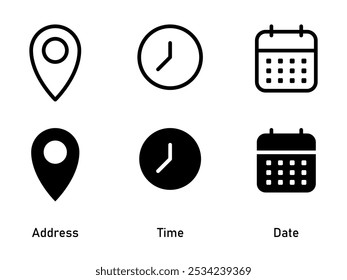 Time, date and place icons on a white background.