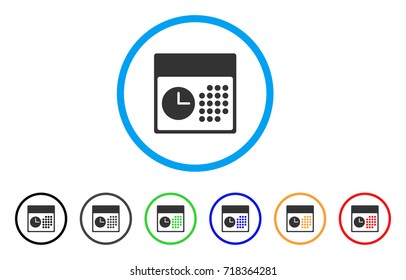 Time And Date rounded icon. Style is a flat time and date gray symbol inside light blue circle with black, gray, green, blue, red, orange variants. Vector designed for web and software interfaces.
