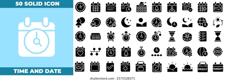 Time And Date Solid Editable Icons set. Vector illustration in modern thin solid style of time and date icons: calendar, time, clock, etc