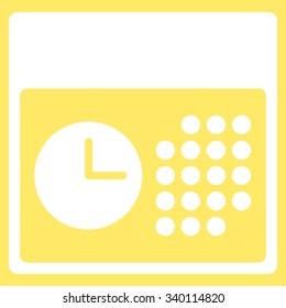Time And Date vector icon. Style is flat symbol, white color, rounded angles, yellow background.