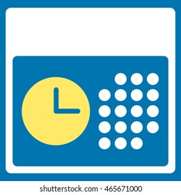 Time And Date vector icon. Style is bicolor flat symbol, yellow and white colors, rounded angles, blue background.