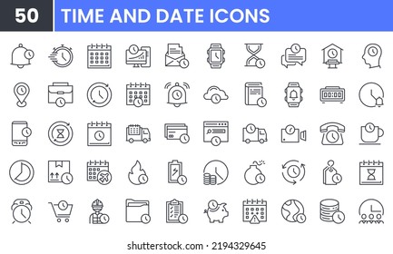 Juego de iconos de línea vectorial de fecha y hora. Contiene iconos de contorno lineales como Campana, Reloj, Alarma, Calendario, Horno, Temporizador, Anillo, Entrega, Reloj, Plazo, Velocidad, Productividad. Uso editable y trazo.