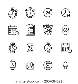 Time and date vector line icons. Calendar planner, hourglass, watch, timer, alarm clock, 24 hours. Pixel perfect, editable stroke