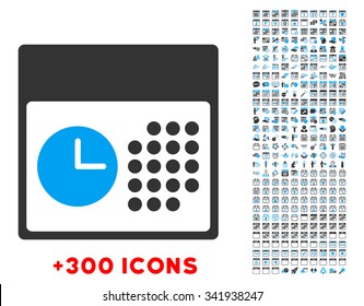 Time And Date vector pictogram with additional 300 date and time management icons. Style is bicolor flat symbols, blue and gray colors, rounded angles, white background.