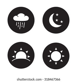 Time of day black silhouette icons. Weather forecast symbols in circles. Rain cloud and sunshine flat emblems. Sunrise and nighttime round pictograms. Day time and night time white color vector signs