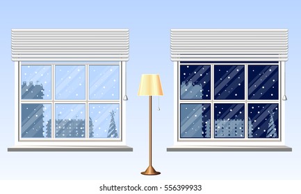 Time of day, evening, night. View outside the window. Interior, design and layout. Template for your design. Floor lamp. Vector illustration .