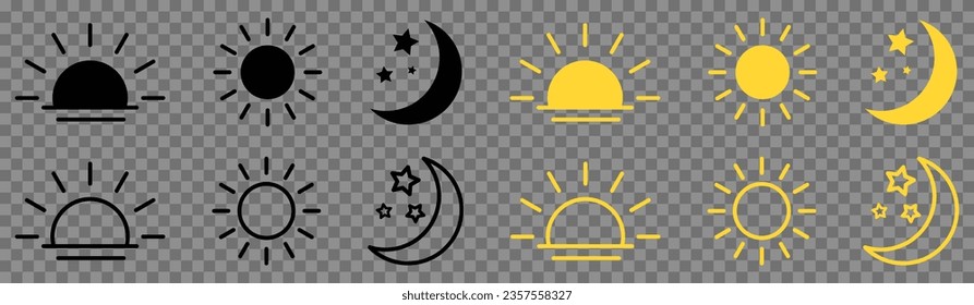 Time of the day icons. Sunset, sun, moon icons. Vector illustration isolated on transparent background
