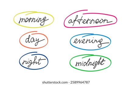 Time of day inscription in hand drawn bubble. Handwritten lettering morning, evening, afternoon and ect. Black text in speech box