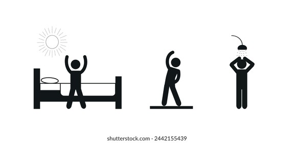 time of day morning, a person woke up, got up, took a shower, did exercises, healthy lifestyle, pictogram of a human figure, flat vector illustration