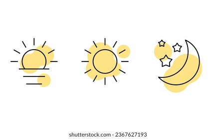 Time of the day signs. Moon icon. Sun symbol. Night, day signs. Rising and setting sun, crescent moon and stars, day and night time symbol. Collection of rising or setting sun, crescent moon and stars