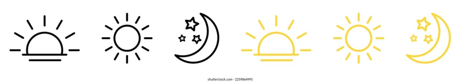 Time of the day signs. Rising and setting sun, crescent moon and stars, day and night time symbols. Vector illustration
