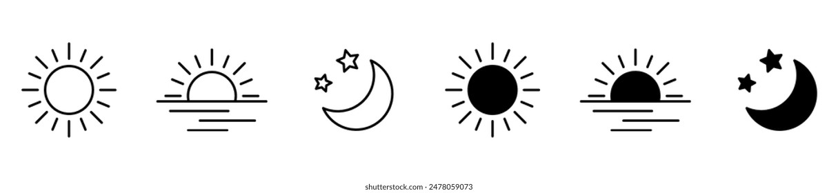 Señales de hora del día. Icono del sol naciente y poniente, luna creciente y estrellas, símbolos del día y de la noche. Ilustración vectorial.